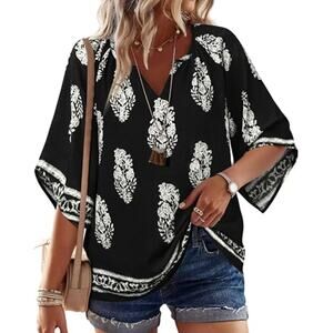 Bebonnie Black & White Bohemian Tunic Blouse - Women's XL